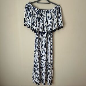 La Mer Luxe Off The Shoulder Navy Blue White Pattern Maxi Dress Size Small
